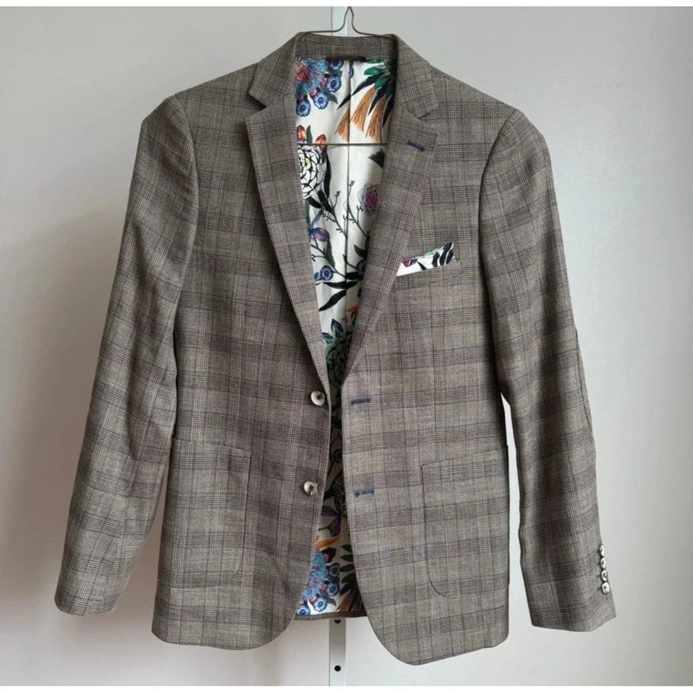 Paisley & Gray 36R Brown Plaid Blazer Floral Lining Wool Blend Sport Coat